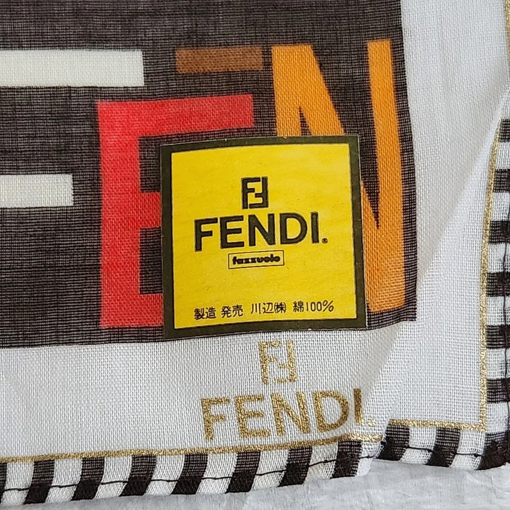 Vintage FENDI Zucca Logo Cotton Handkerchief Pocket Square Brown Orange Red 18